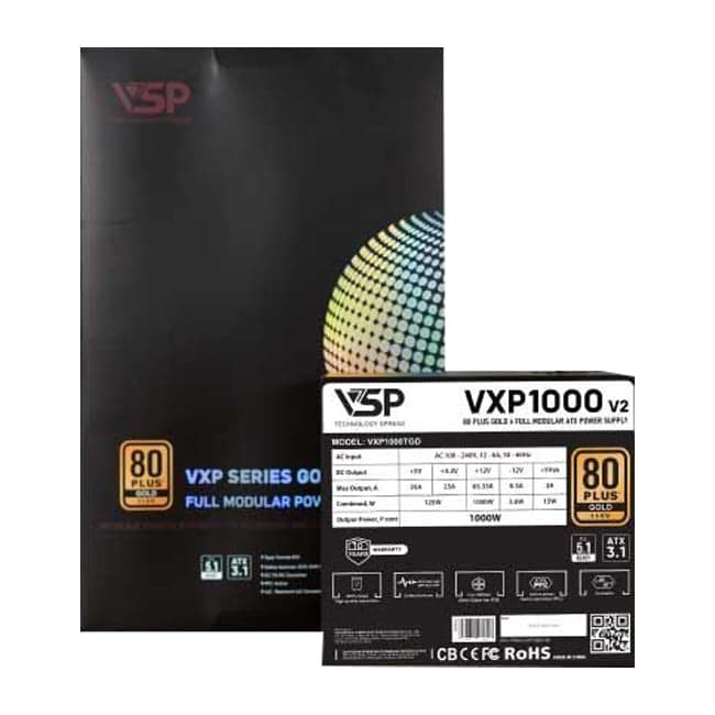 Nguồn máy tính VSP VXP 1000W TGD V2 Gold - Đen | Full Range, Full Modular, ATX