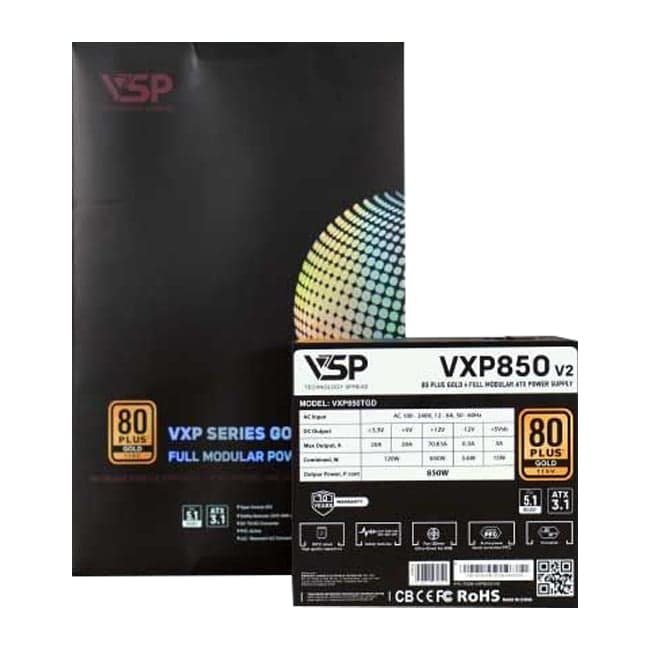 Nguồn máy tính VSP VXP 850W TGD V2 Gold - Đen | Full Range, Full Modular, ATX